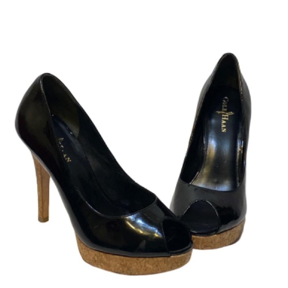 Cole Haan Mariela Peep Toe Black Patent Cork Pumps